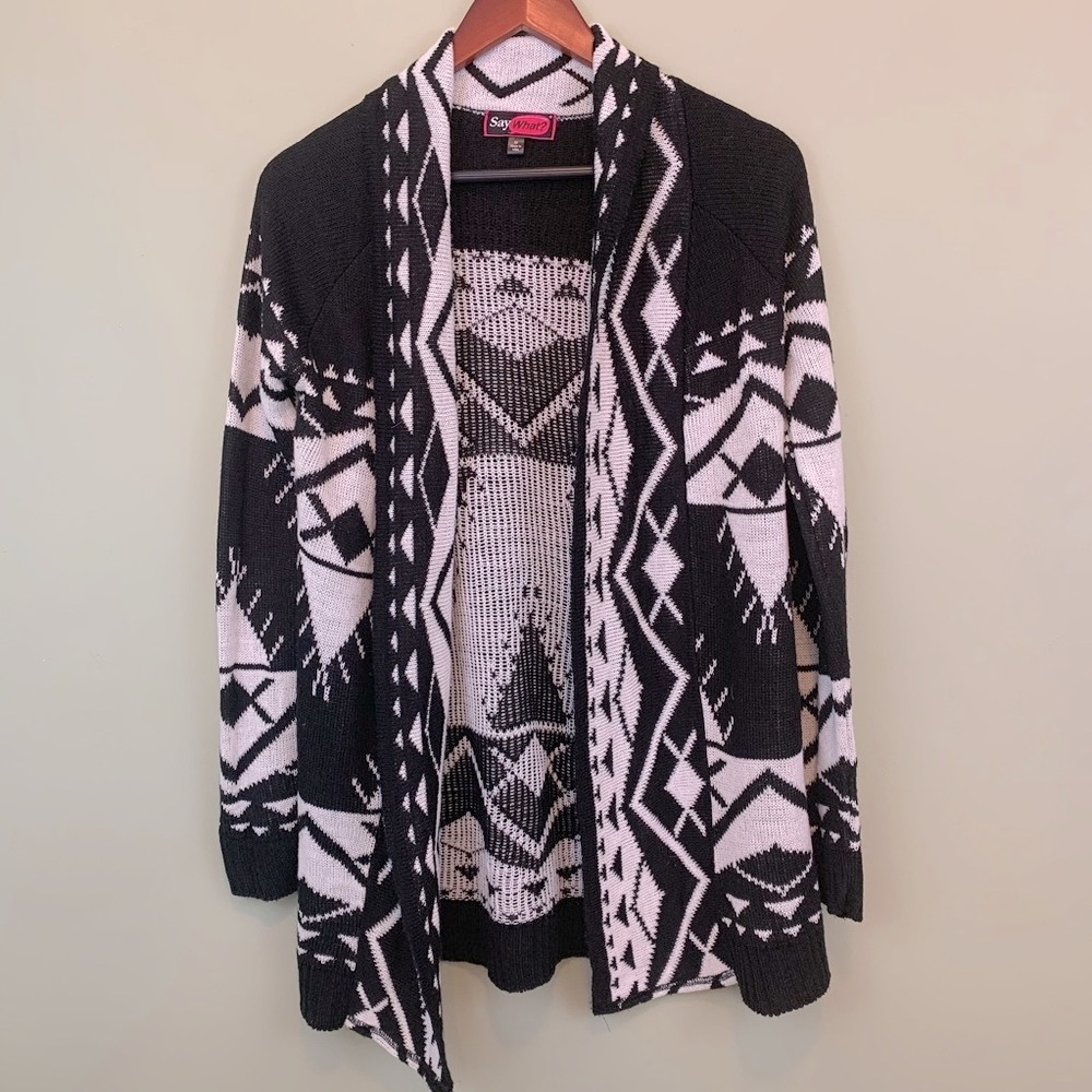 Black and White Tribal Print Open Long Cardigan
